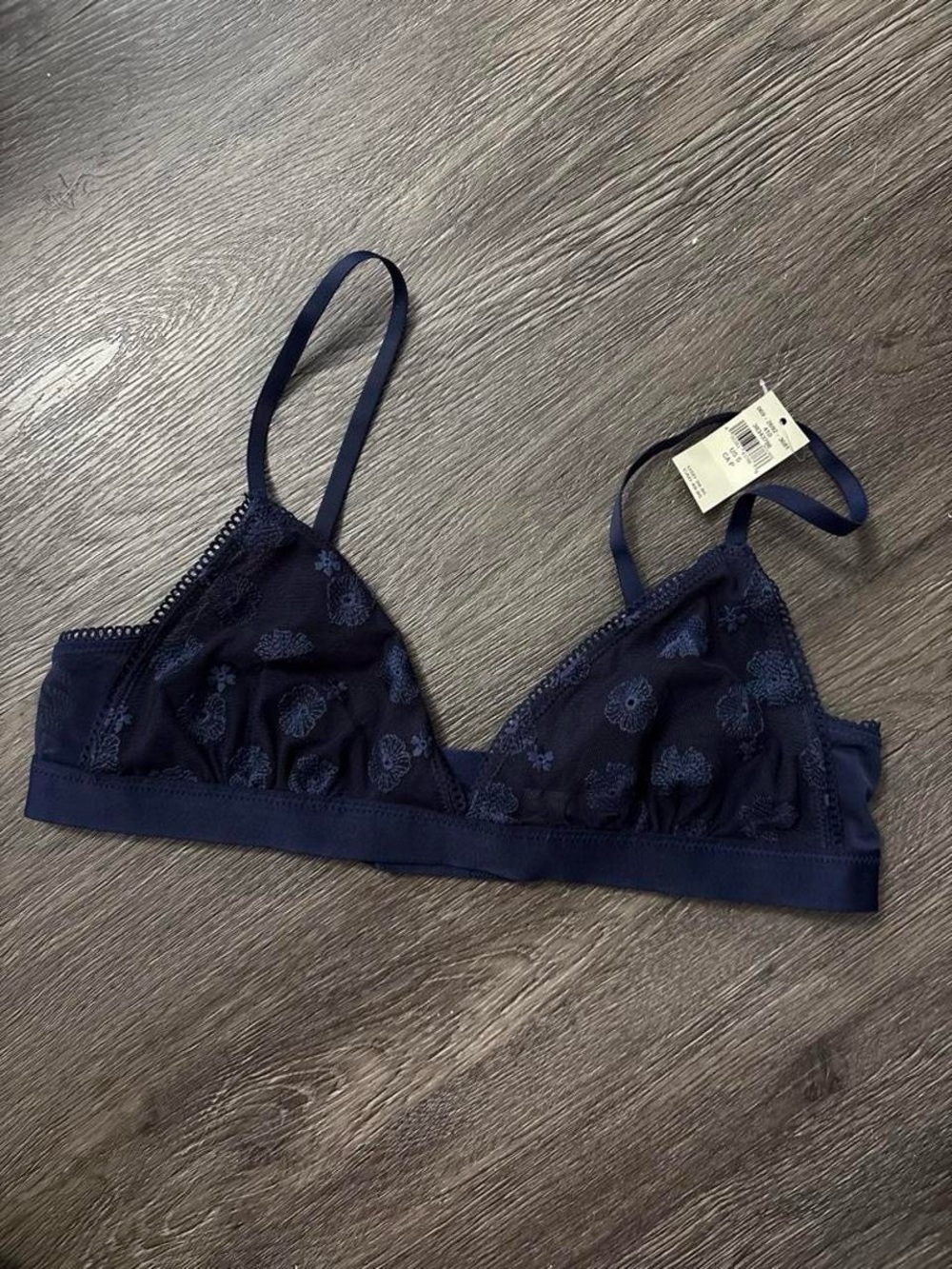 aerie navy blue sheer bra with small floral print